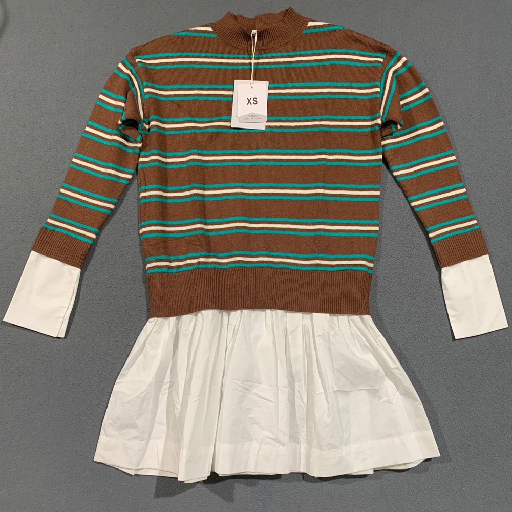 90s Style Sweater Dress Women XS Striped Sweater Mixed Media Preppy Mock Neck